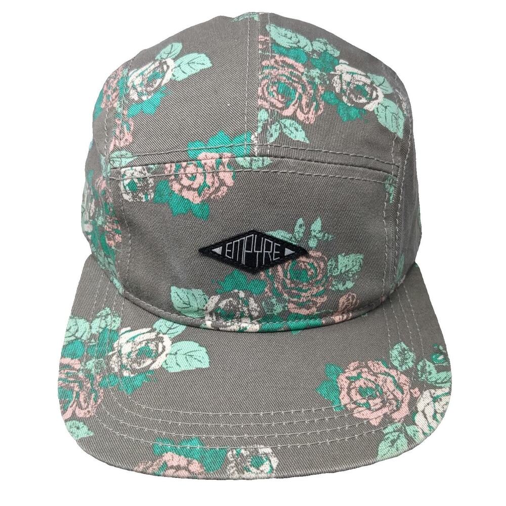 Empyre 5 Panel Gray Floral Rose Print One Size Flat Brim Strapback Hat Cotton
